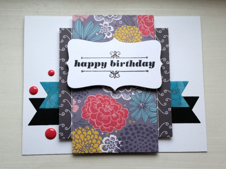 A Bit Of Glue & Paper- handmade birthday card with floral patterned paper, teal and black die cut flags, red enamel dots; Freshly Made Sketches 279 - Vancouver BC