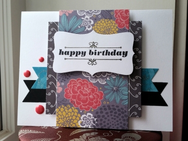 A Bit Of Glue & Paper- handmade birthday card with floral patterned paper, teal and black die cut flags, red enamel dots; Freshly Made Sketches 279 - Vancouver BC