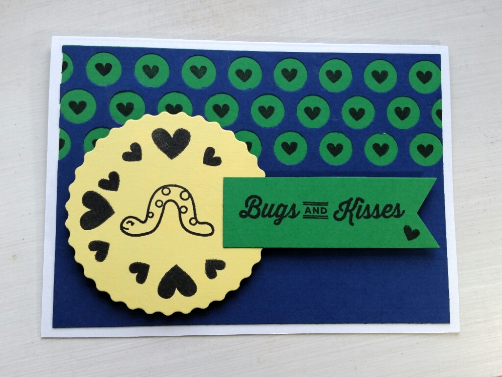 A Bit Of Glue & Paper - card with blue, green and yellow paper, stamped smiling worm and hearts with "Bugs and Kisses" sentiment, die cut circles with hearts stamped inside; Color Throwdown 436 - Vancouver BC