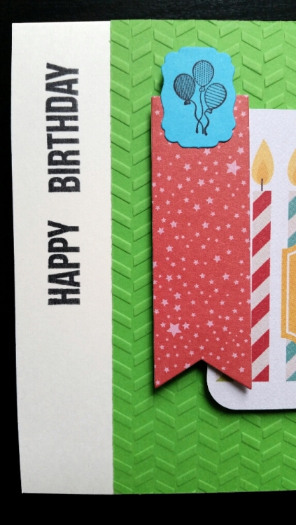 A Bit Of Glue & Paper - handmade birthday card with WRMK candles journaling card, flag with red stars, embossed green panel, stamped balloons, stamped happy birthday; Fusion card challenge Easter - Vancouver BC