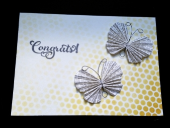 A Bit Of Glue & Paper - handmade clean and simple wedding card with paper butterfly embellishments, stenciled gold dots, stamped with Congrats!; Stamp Ink Paper 96 #SIP96 - Vancouver BC