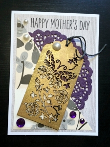 A Bit Of Glue & Paper - Mother's Day card with purple doily and rhinestones, wooden tag inked with gold, pearls, neutral floral paper
