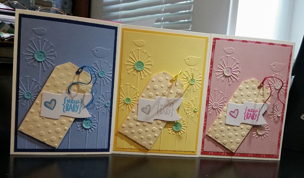 A Bit Of Glue & Paper - handmade new baby card, embossed panel and tag, birds, flowers, sequins, trio - Vancouver BC