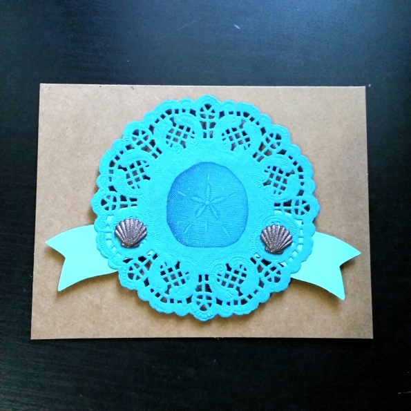 A Bit Of Glue & Paper - handmade note card, blue doily, sand dollar stamp, sea shell brads - Vancouver BC