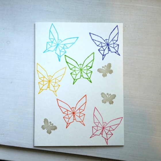 A Bit Of Glue & Paper - handmade stamped origami crane note card, rainbow colours - Vancouver BC