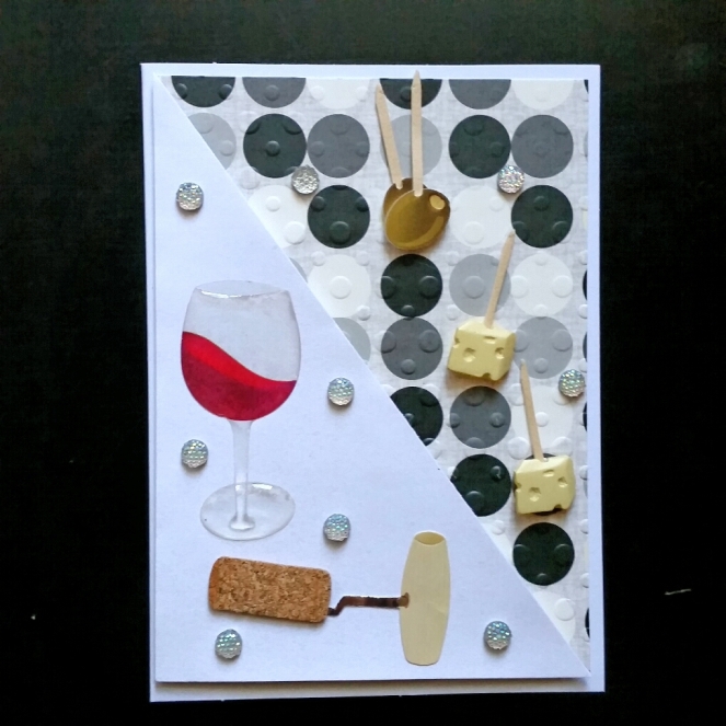 A Bit Of Glue & Paper - handmade notecard with wine theme, glass, cork, corkscrew, cheese and olives - Vancouver BC