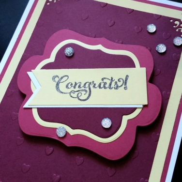 A Bit Of Glue & Paper - handmade wedding card made to match invitation, wine and yellow, embossed hearts - Vancouver BC