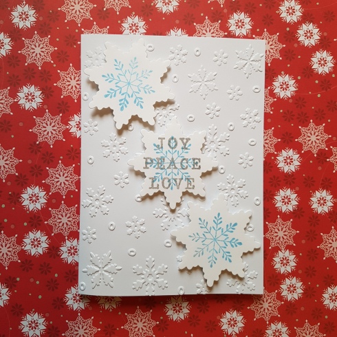 embossed holiday greeting card - peace love joy flakes 1