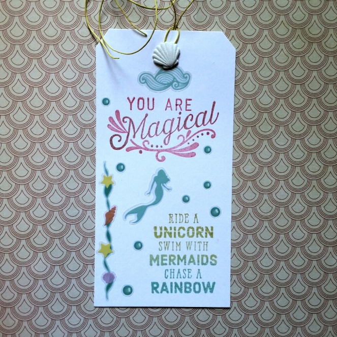 A Bit Of Glue & Paper - handmade greeting card, mermaid on tag, A Bit Of Glue & Paper - handmade gift tag, mermaid, stamped, shell brad, magical - Vancouver, BC
