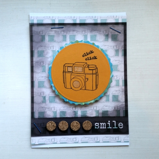 A Bit Of Glue & Paper - handmade greeting card, stamped camera, cork, smile, acetate photo framo - Vancouver, BC